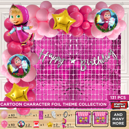 M@sha and The Bear Foil Balloon With Happy Birthday Cursive Banner Arch Theme