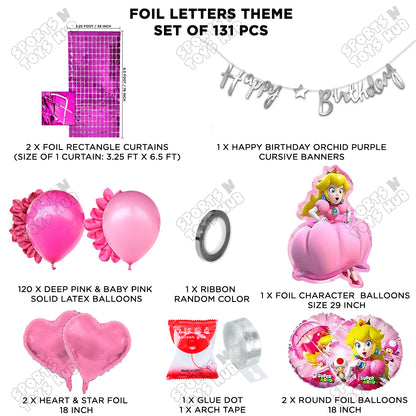 Princess Peach Foil Balloon Set With HBD Cursive Banner Theme