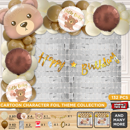Bear Face Foil Balloon Set With Happy Birthday Cursive Card Banner Arch Theme