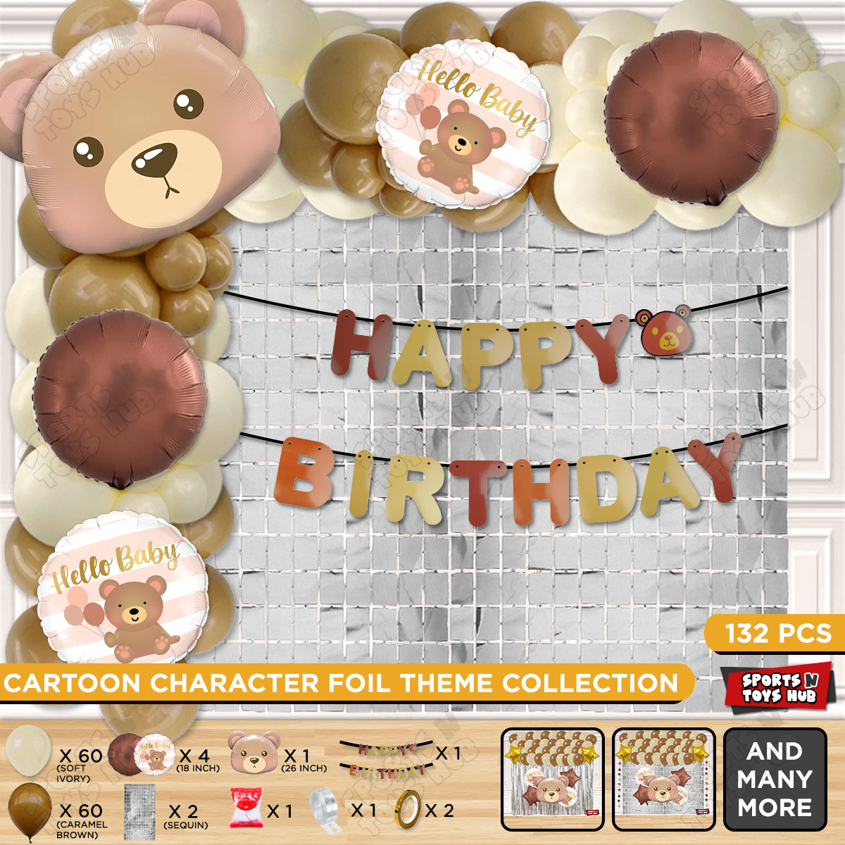 Bear Face Foil Balloon Set With Happy Birthday Card Banner Arch Theme