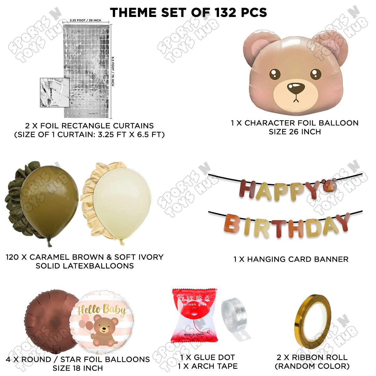 Bear Face Foil Balloon Set With Happy Birthday Card Banner Arch Theme