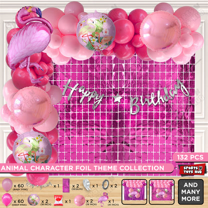 Flamingo Bird Cartoon Character Pink Color Foil Balloon Set With Happy Birthday Cursive Card Banner Arxh Theme