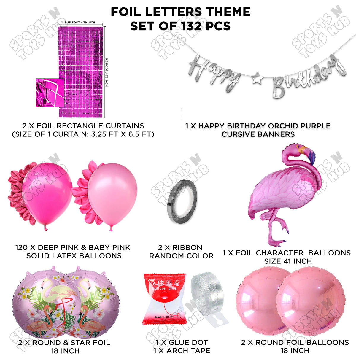 Flamingo Bird Cartoon Character Pink Color Foil Balloon Set With Happy Birthday Cursive Card Banner Arxh Theme