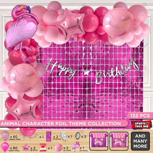 Flamingo Bird Pink Color Foil Balloon Set With Happy Birthday Cursive Card Banner Theme