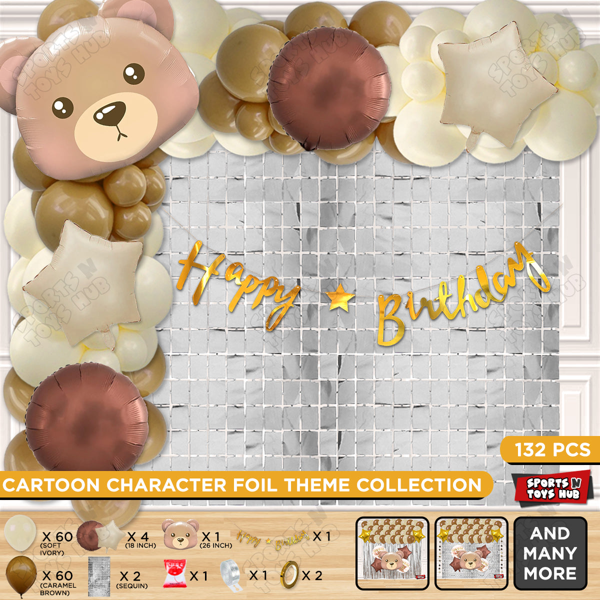 Bear Face Animal Character Foil Balloon Set With Happy Birthday Cursive Card Banner Arch Theme