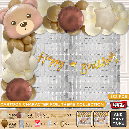 Bear Face Animal Character Foil Balloon Set With Happy Birthday Cursive Card Banner Arch Theme