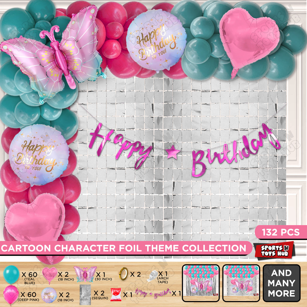 Gradient Blue & Pink Color Butterfly Foil Balloon Set With Happy Birthday Cursive Banner Arch Theme - Pack Of 132