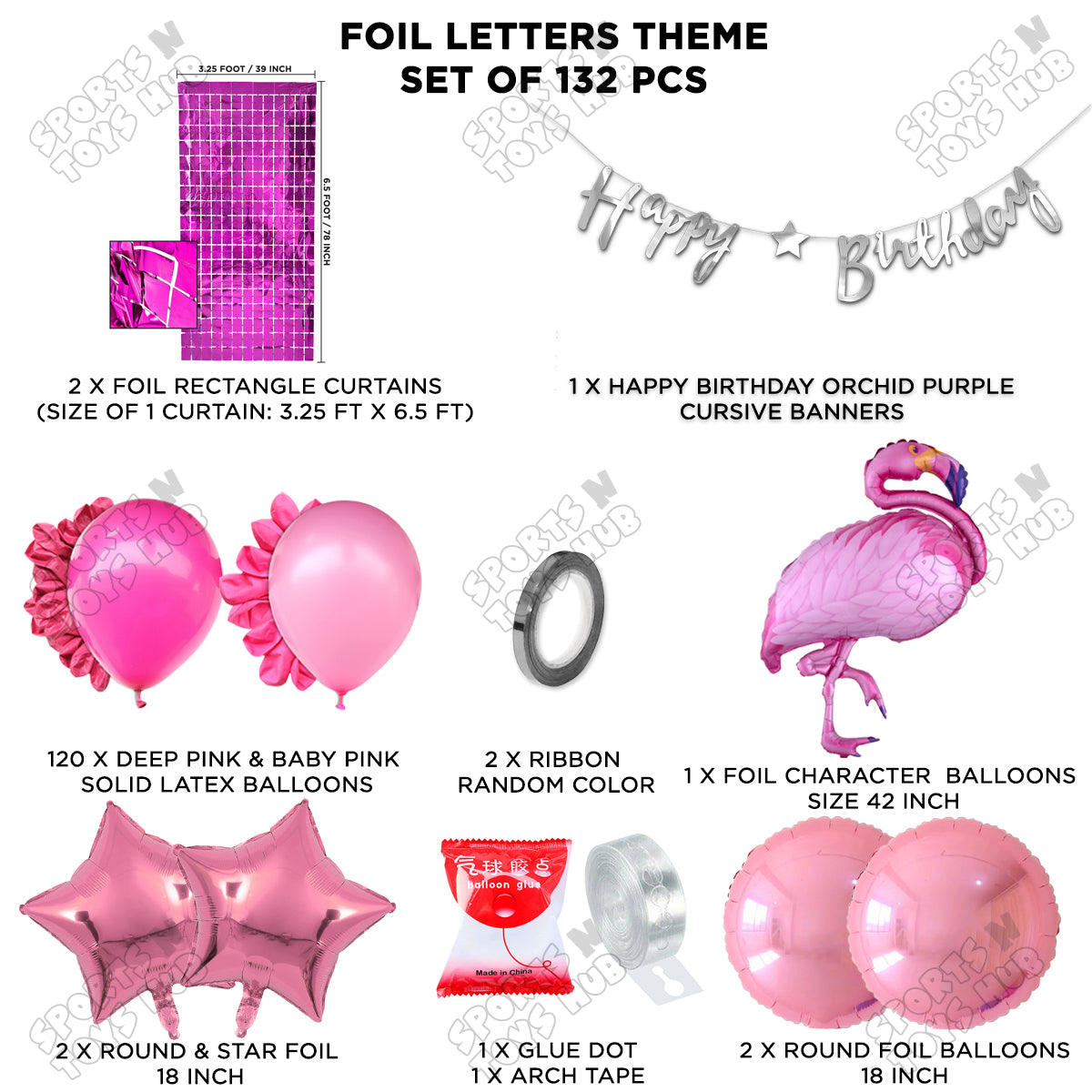 Flamingo Bird Pink Color Foil Balloon Set With Happy Birthday Cursive Card Banner Theme