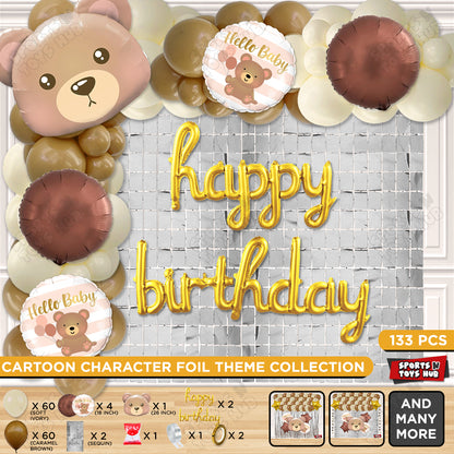 Bear Face Foil Balloon Set With Happy Birthday Cursive Foil Letter Arch Theme