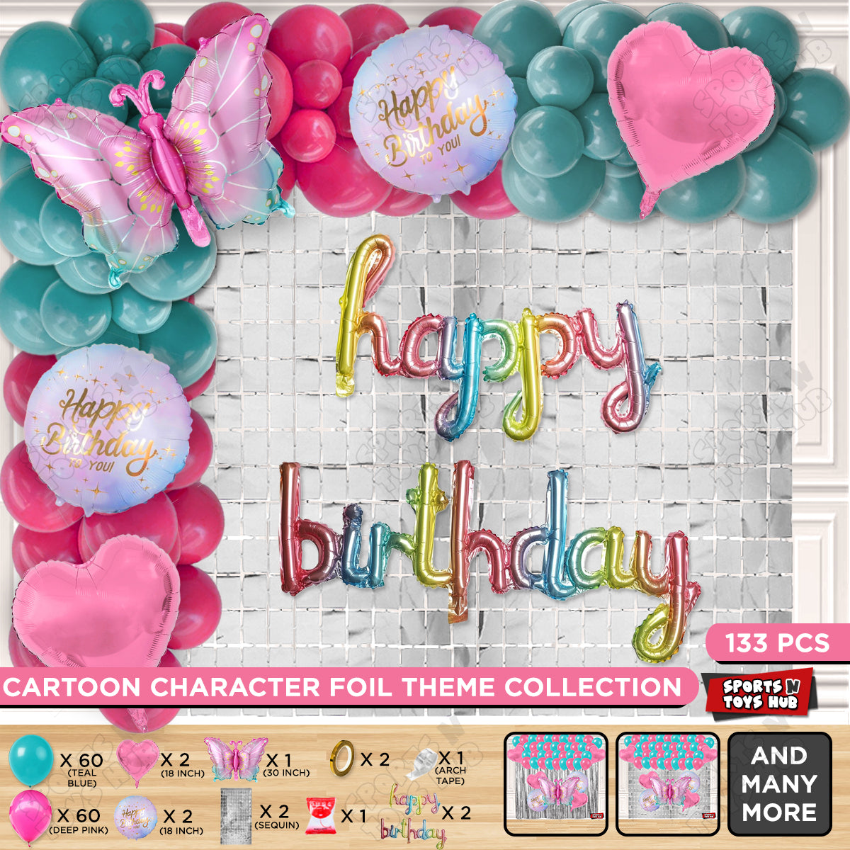 Gradient Blue & Pink Color Butterfly Foil Balloon With Happy Birthday Cursive Foil Letter Arch Theme - Pack Of 133