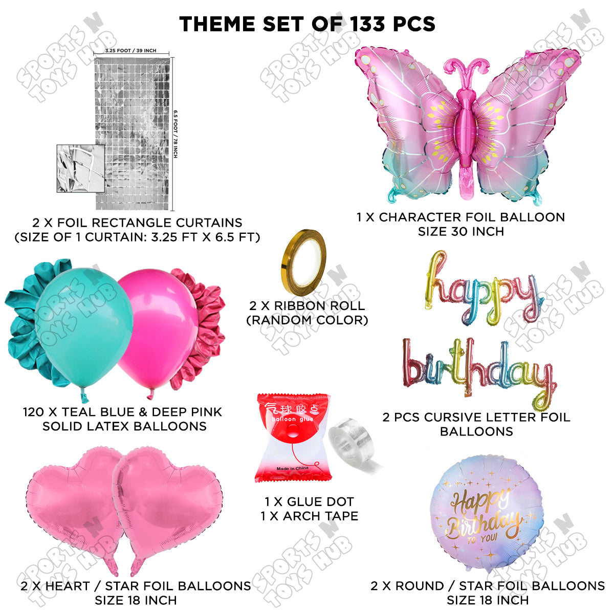 Gradient Blue & Pink Color Butterfly Foil Balloon With Happy Birthday Cursive Foil Letter Arch Theme - Pack Of 133