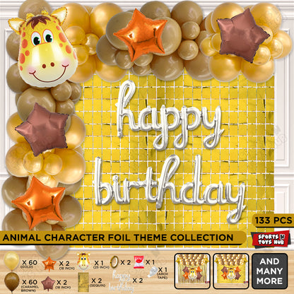 Jungle Safari Giraffe Face Foil Balloon With Happy Birthday Cursive Letter Arch Theme