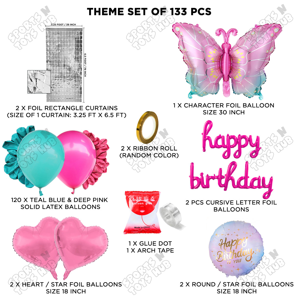 Gradient Blue & Pink Color Butterfly Foil Balloon With Happy Birthday Cursive Foil Letter Arch Theme - Pack Of 133