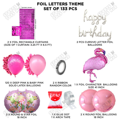 Flamingo Cartoon Character Bird Pink Color Foil Balloon Set With Happy Birthday Cursive Foil Letters Theme