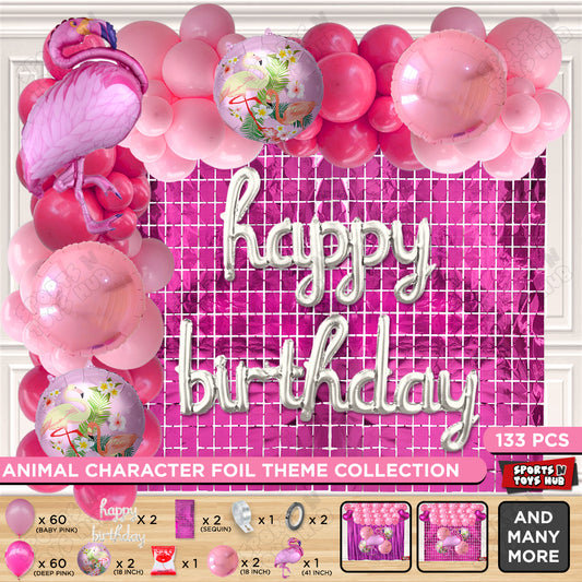 Flamingo Cartoon Character Bird Pink Color Foil Balloon Set With Happy Birthday Cursive Foil Letters Theme