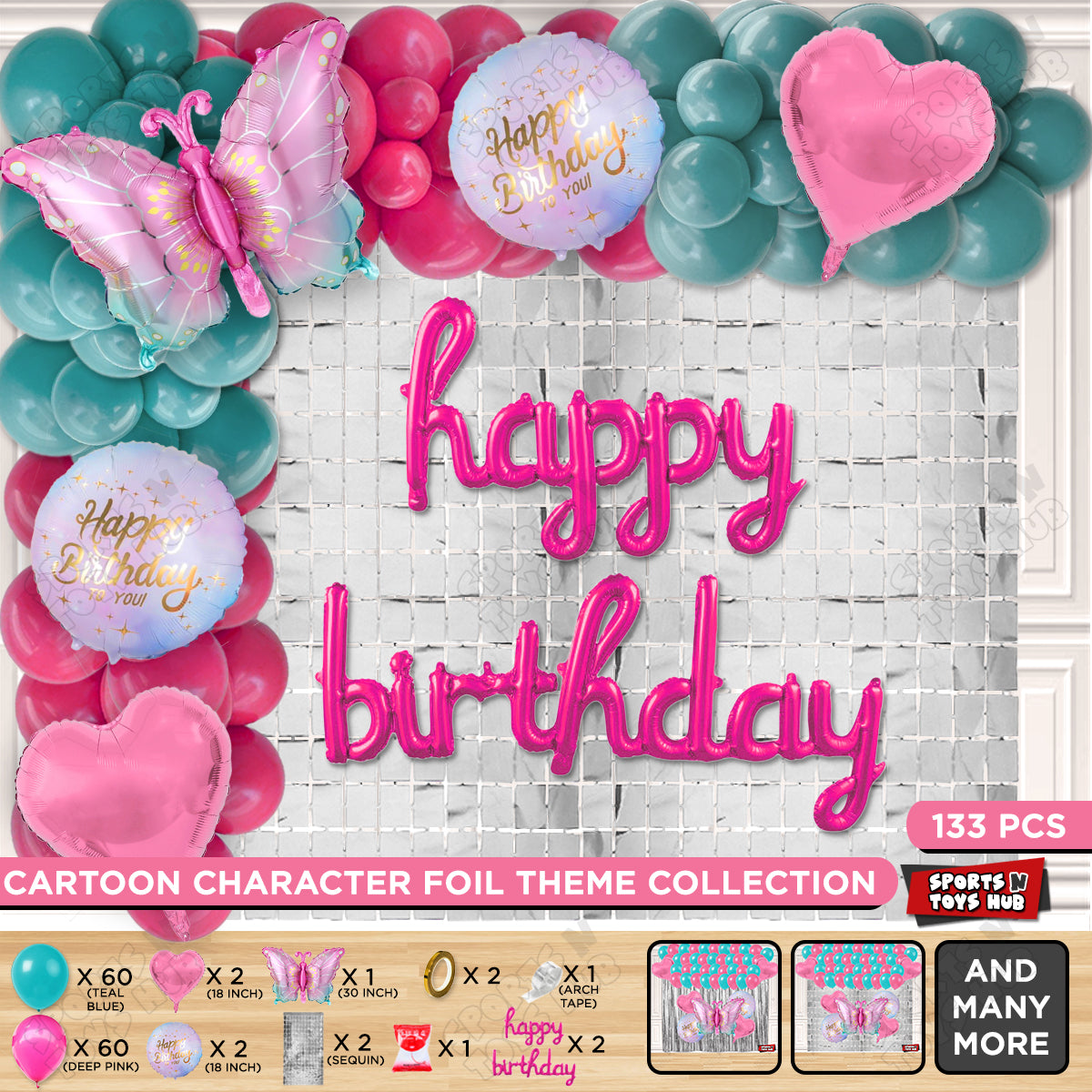 Gradient Blue & Pink Color Butterfly Foil Balloon With Happy Birthday Cursive Foil Letter Arch Theme - Pack Of 133
