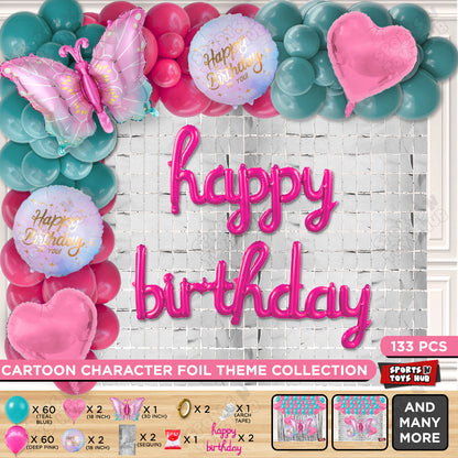 Gradient Blue & Pink Color Butterfly Foil Balloon With Happy Birthday Cursive Foil Letter Arch Theme - Pack Of 133