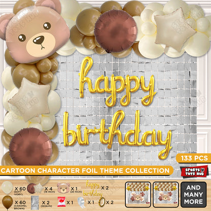 Bear Face Animal Character Foil Balloon Set With Happy Birthday Cursive Foil Letter Arch Theme
