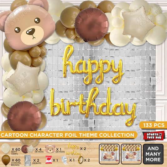 Bear Face Animal Character Foil Balloon Set With Happy Birthday Cursive Foil Letter Arch Theme