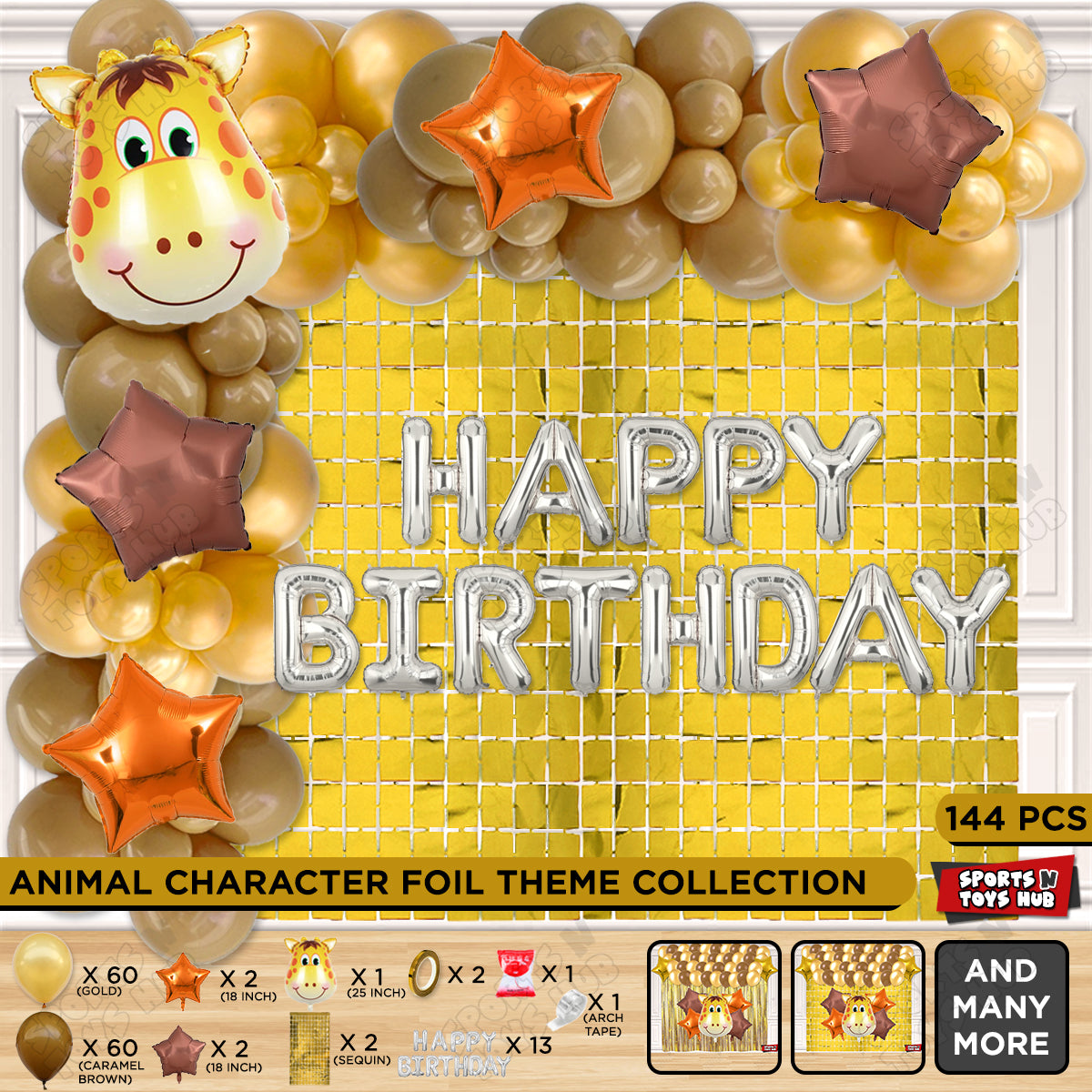 Jungle Safari Giraffe Face  Foil Balloon With Happy Birthday Foil Letter Arch Theme