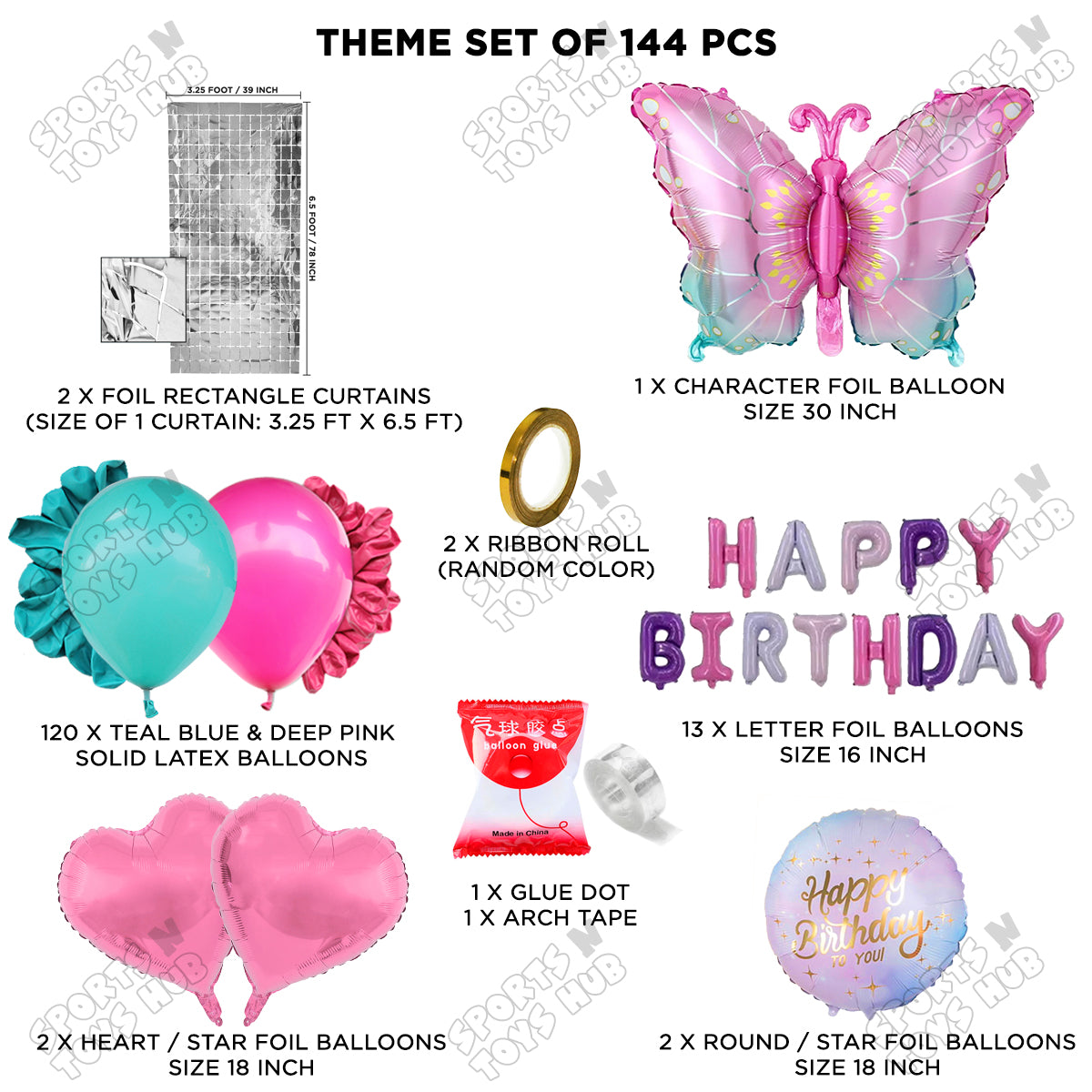 Gradient Blue & Pink Color Butterfly Foil Balloon With Happy Birthday Foil Letter Arch Theme - Pack Of 144