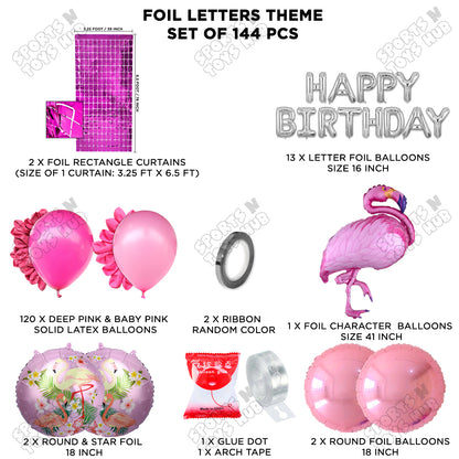 Flamingo Bird Pink Color Foil Balloon Set With Happy Birthday Foil Letters Theme
