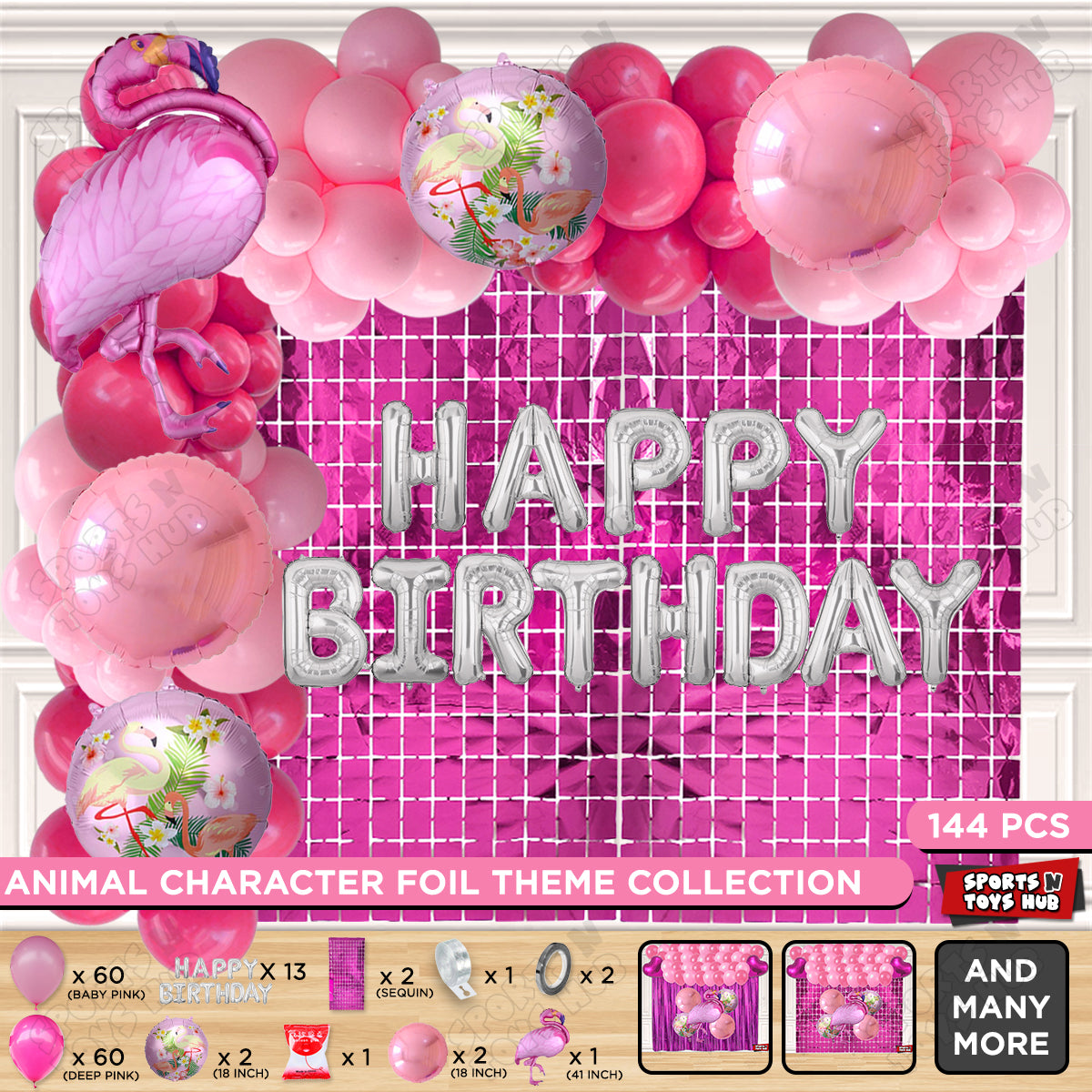 Flamingo Bird Pink Color Foil Balloon Set With Happy Birthday Cursive Foil Letters Theme