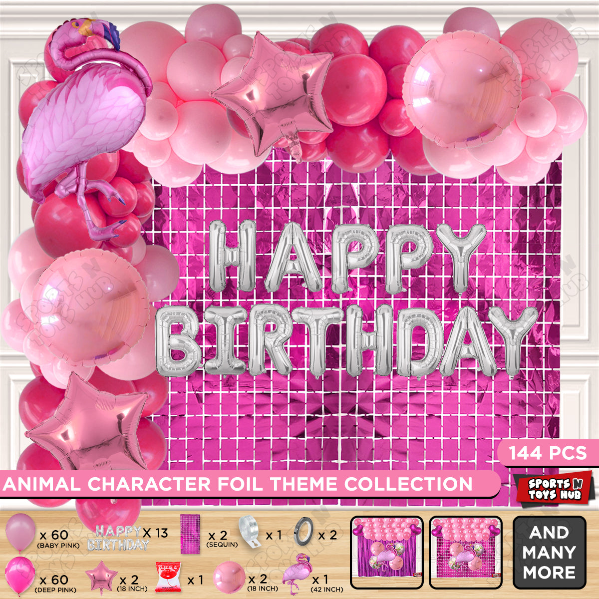 Flamingo Cartoon Character Bird Pink Color Foil Balloon Set With Happy Birthday Foil Letters Theme