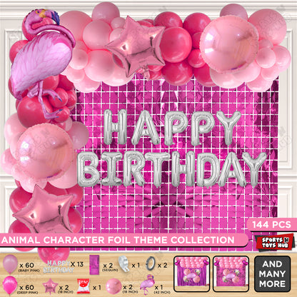 Flamingo Cartoon Character Bird Pink Color Foil Balloon Set With Happy Birthday Foil Letters Theme