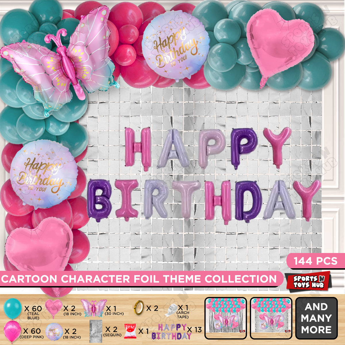 Gradient Blue & Pink Color Butterfly Foil Balloon With Happy Birthday Foil Letter Arch Theme - Pack Of 144