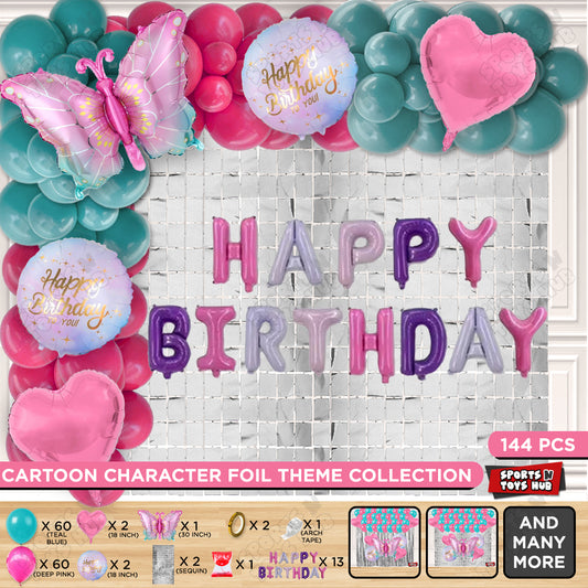 Gradient Blue & Pink Color Butterfly Foil Balloon With Happy Birthday Foil Letter Arch Theme - Pack Of 144