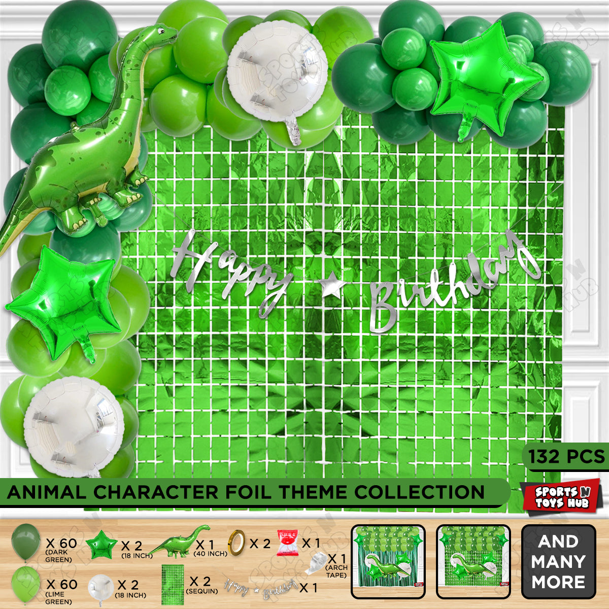 Jumbo Apatosaurus Dino Foil Balloon Set with HBD Cursive Banner Arch Theme