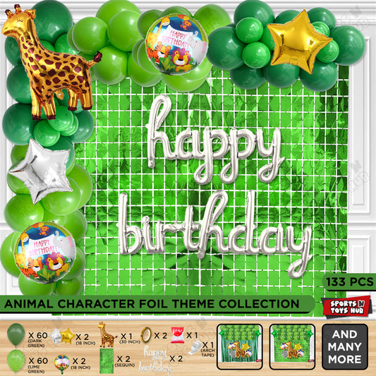 Giraffe Jungle Safari Foil Balloon With Happy Birthday Cursive Letter Arch Theme