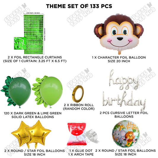Jungle Safari Monkey Face Foil Balloon Set With Happy Birthday Cursive Foil Letter Arch Theme