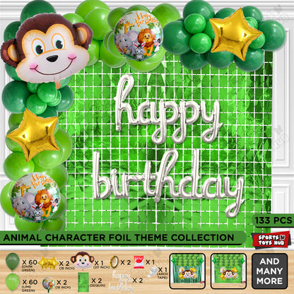 Jungle Safari Monkey Face Foil Balloon Set With Happy Birthday Cursive Foil Letter Arch Theme