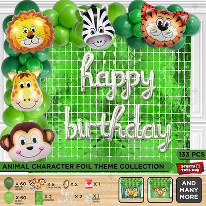 Jungle Safari Animal Character Foil Balloon Set With Happy Birthday Cursive Foil Letter Theme