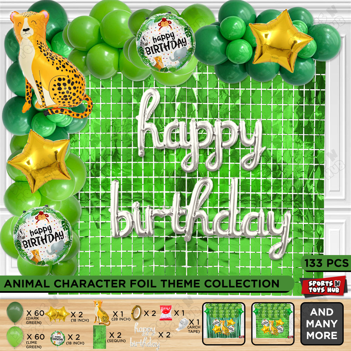 Jungle Safari Leopard Foil Balloon Set With Happy Birthday Cursive Foil Letter Arch Theme