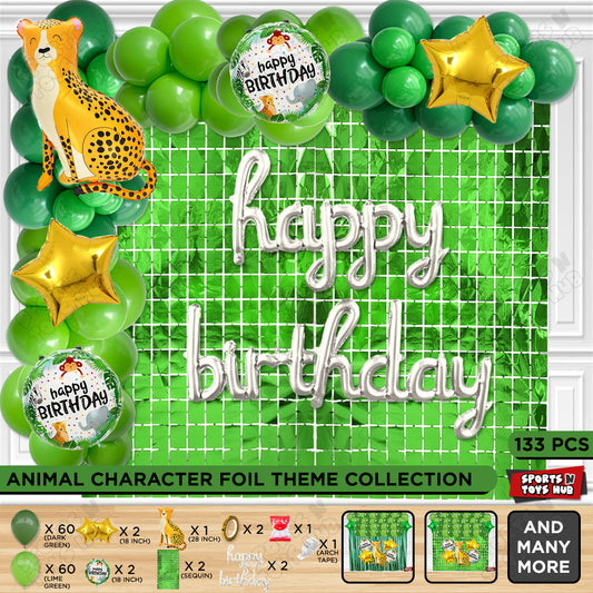 Jungle Safari Leopard Foil Balloon Set With Happy Birthday Cursive Foil Letter Arch Theme