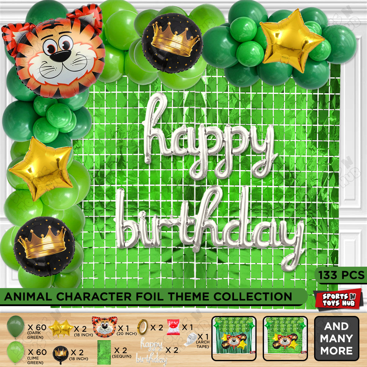 Tiger Jungle Safari Foil Balloon With Happy Birthday Cursive Letter Arch Theme