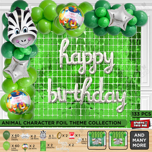 Jungle Safari Zebra Face Foil Balloon With Happy Birthday Cursive Letter Arch Theme