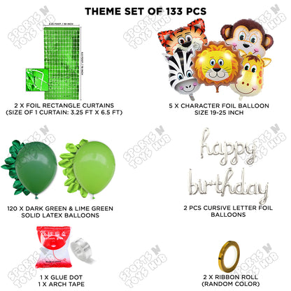 Jungle Safari Animal Character Foil Balloon Set With Happy Birthday Cursive Foil Letter Theme