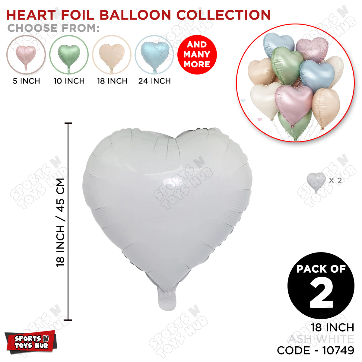18 Inch - Retro & Vintage Ash White Heart Foil Balloon