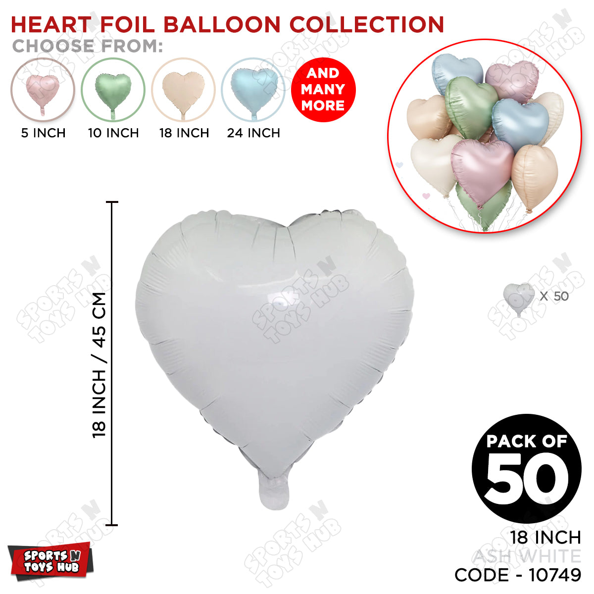 18 Inch - Retro & Vintage Ash White Heart Foil Balloon