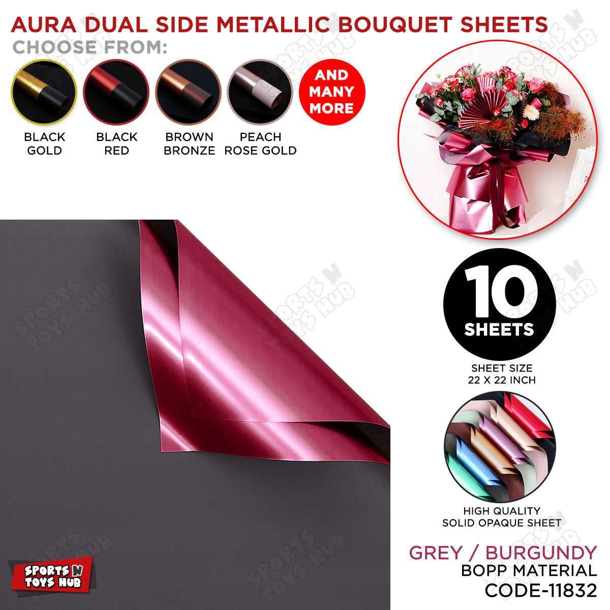 Aura Dual Side Metallic Flower Sheet Pack Of 10 – Luxury Bouquet Wrapping Paper For Flower Packing, Gift Wrapping, Wedding & Floral Decoration