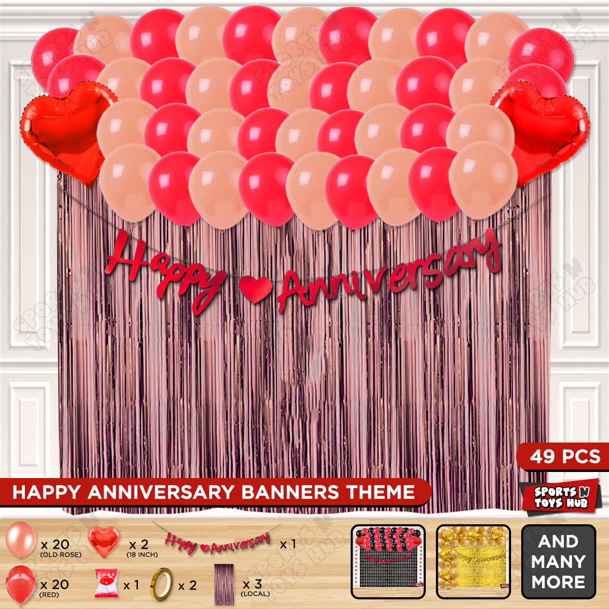 Happy Anniversary Red Cursive Banner Curtain Theme Collection
