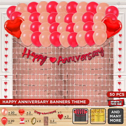 Happy Anniversary Red Cursive Banner Rectangle Curtain Theme Collection