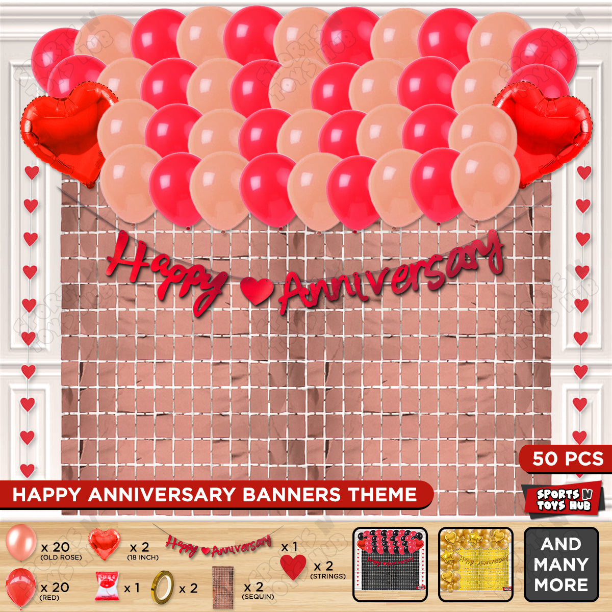 Happy Anniversary Red Cursive Banner Rectangle Curtain Theme Collection