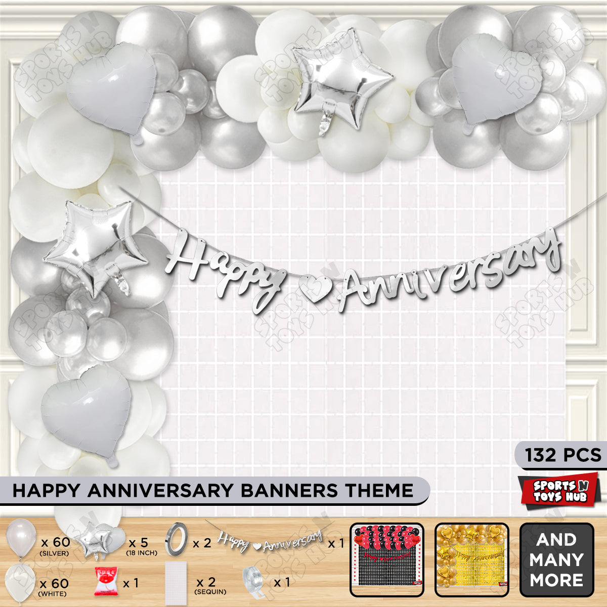 Happy Anniversary Silver Cursive Banner Arch Theme Collection