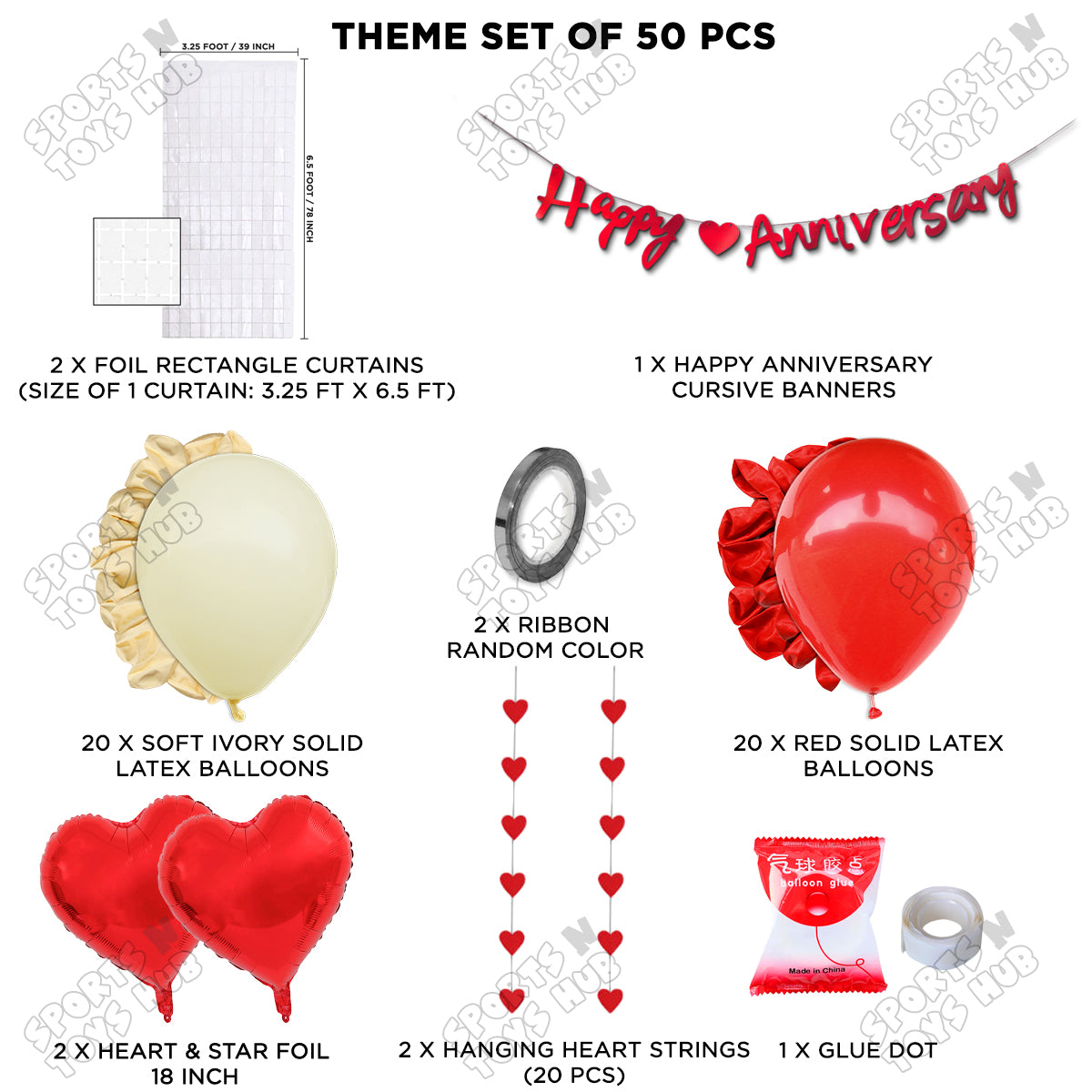 Happy Anniversary Red Cursive Banner Rectangle Curtain Theme Collection