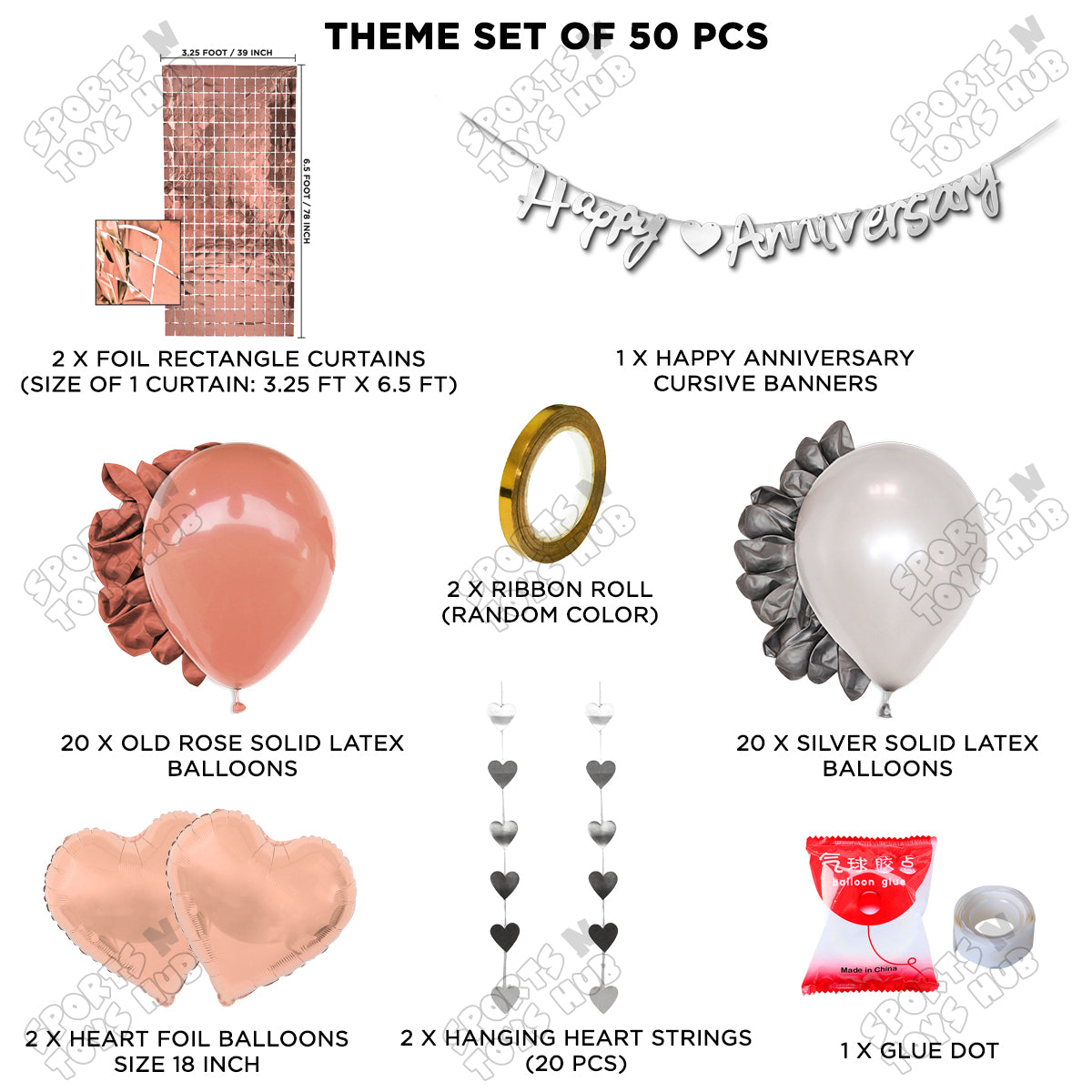 Happy Anniversary Silver Cursive Banner Rectangle Curtain Theme Collection